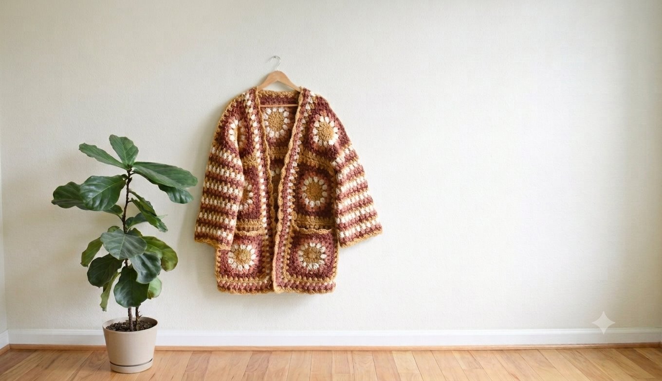 Handmade crochet cardigan displayed for a custom collection