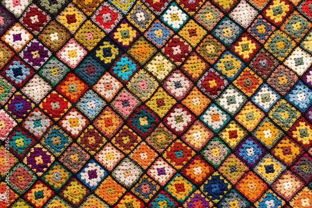 Colorful handmade crochet motifs prepared for international collections
