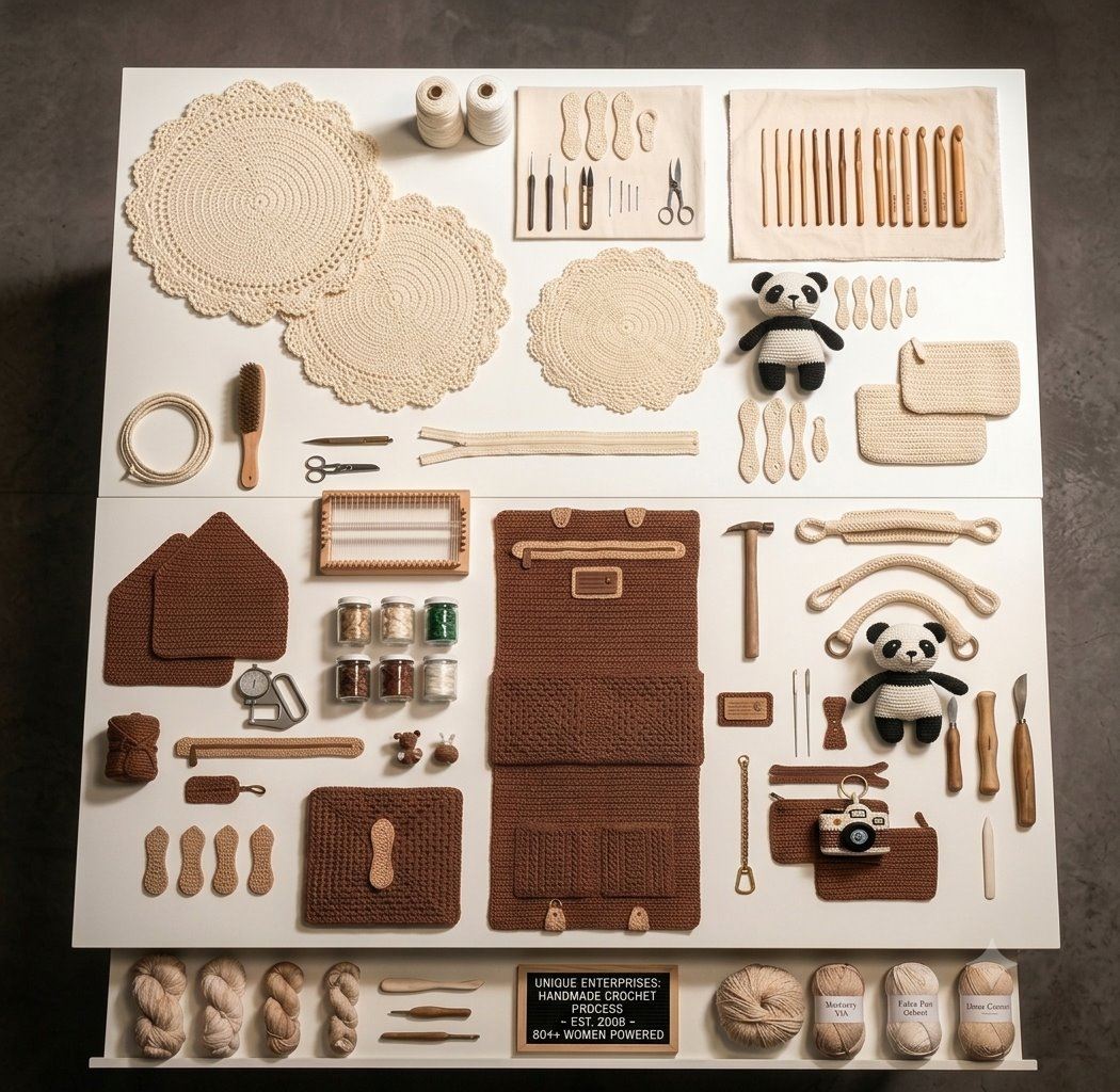 Handmade crochet products, tools and yarn arranged in an artisan display